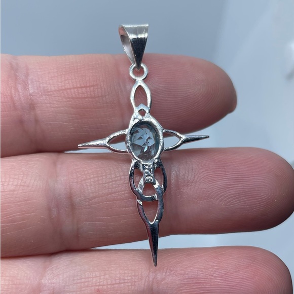 Sterling Silver Celtic Cross Blue Topaz Necklace - Picture 5 of 6
